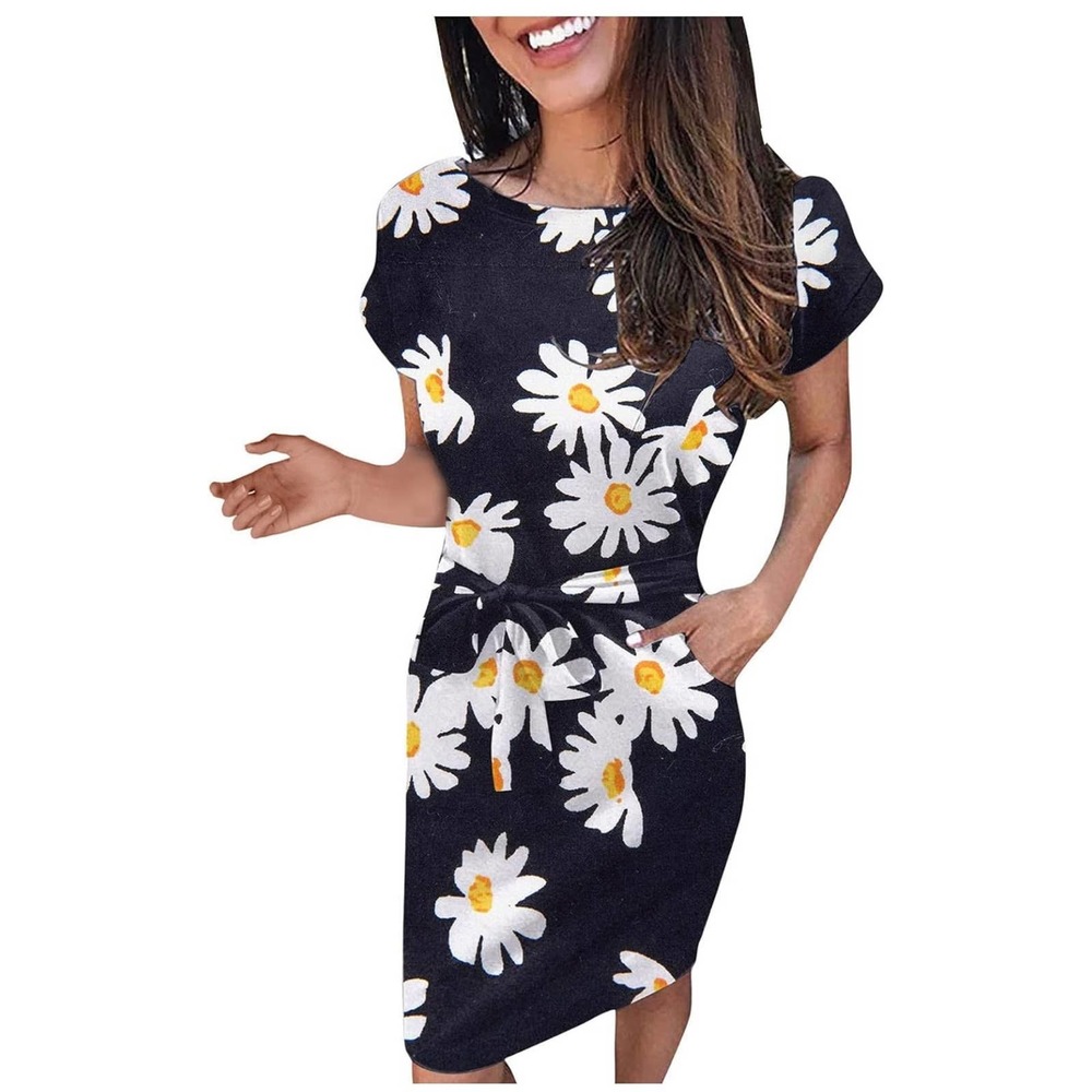 New Women's O-Neck Short Sleeve Elastic Waist Floral Print Casual Loose Sundress